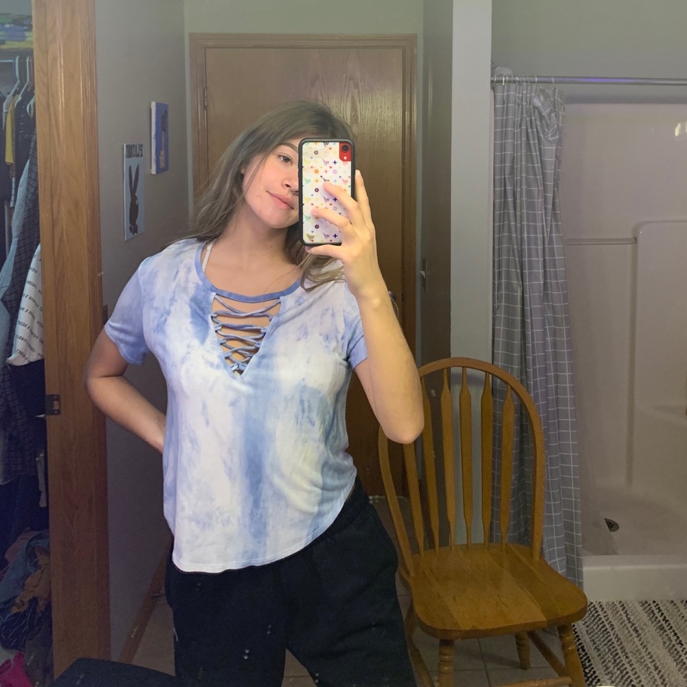 Blue/white shirt with criss cross detailing